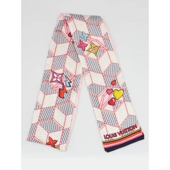 NEW! Louis Vuitton Azure Blue 100% Silk Damier Pop Up Print Bandeau Scarf M77697 - Picture 7 of 9